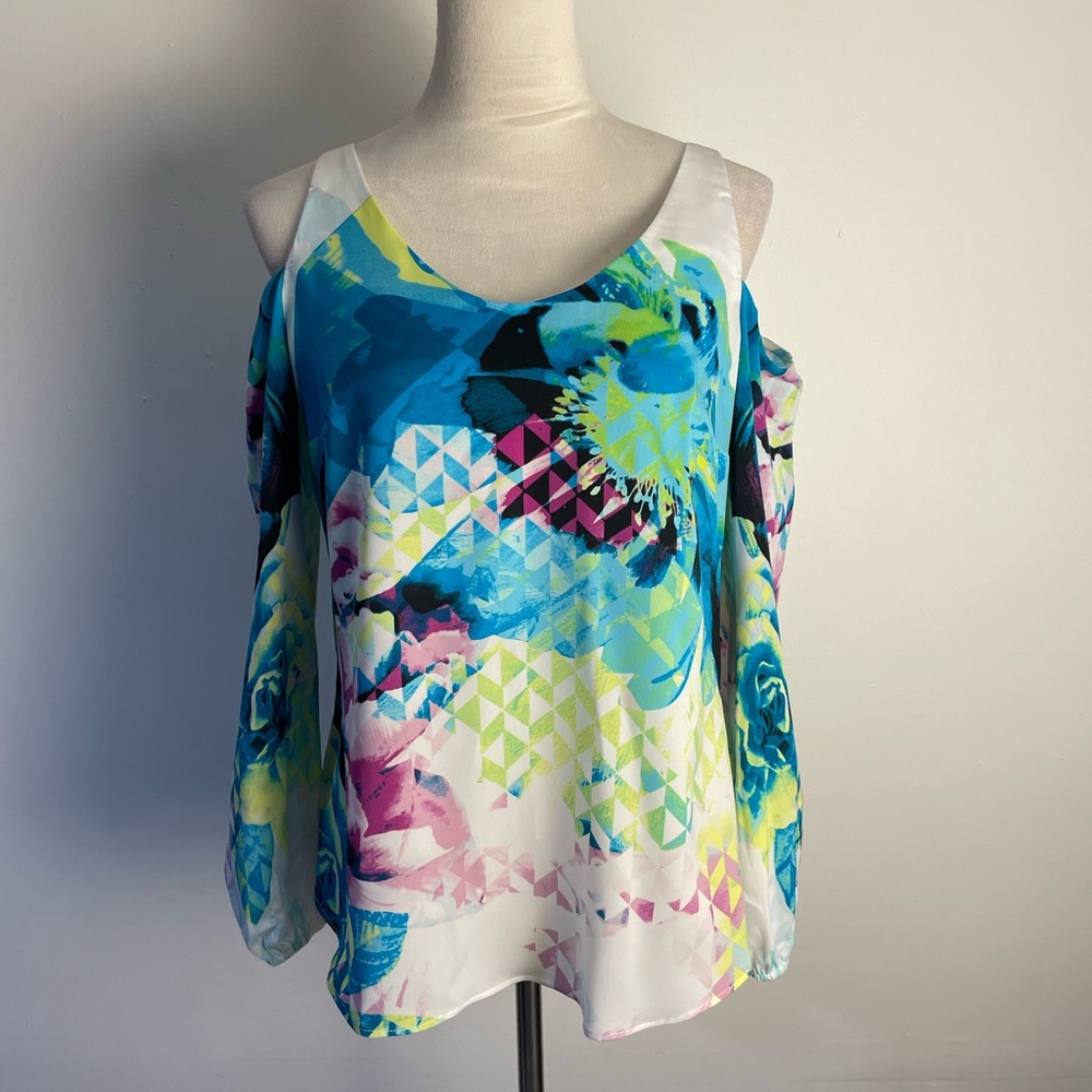 Worthington Vibrant Floral Cold Shoulder Blouse - Blue, Pink, Yellow, White